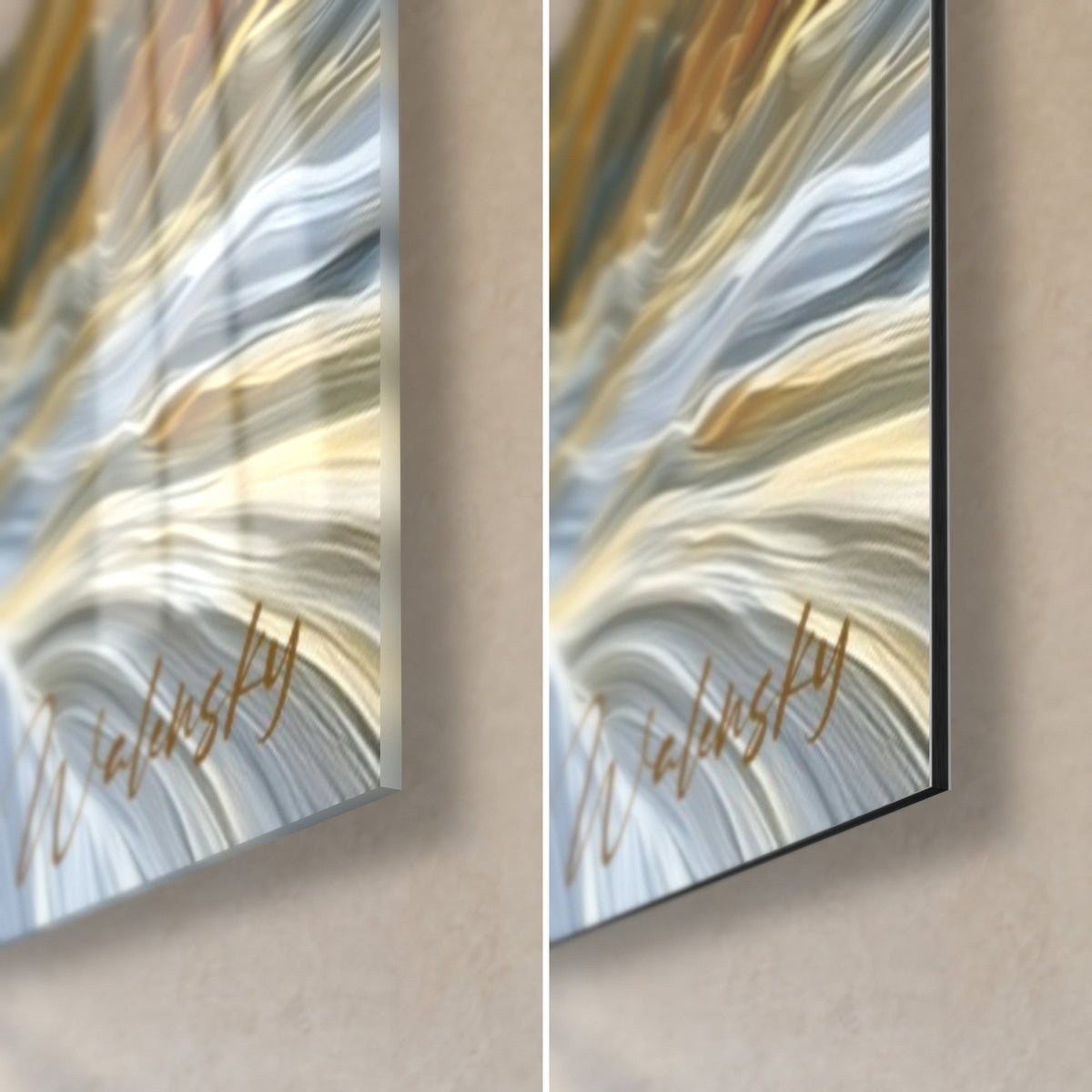 Tableau abstrait de vague dorée, coin bas droit : verre brillant à reflets à gauche, Dibond mat à droite, tranche 3 mm