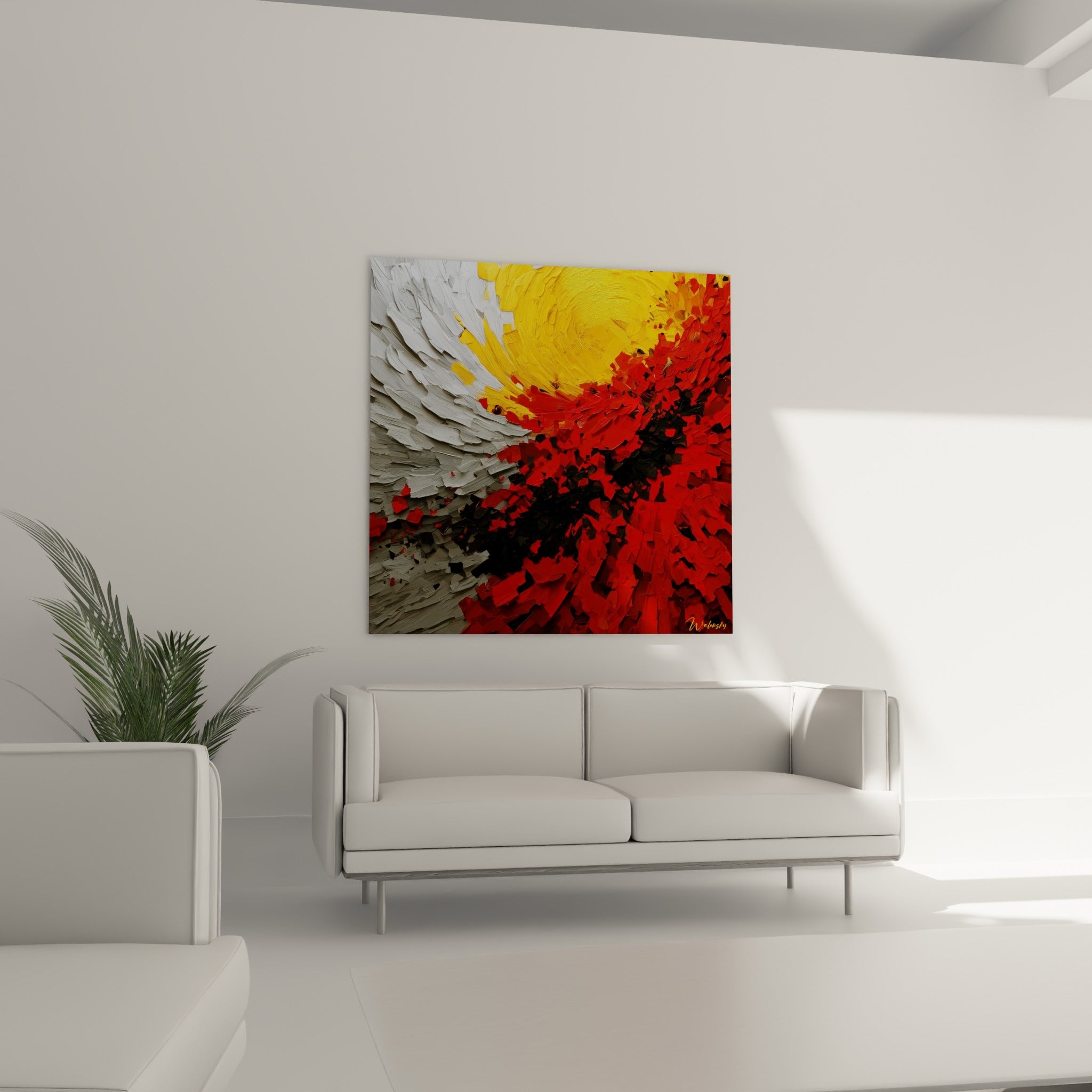 Empâtements rouge et doré traversant la toile en diagonale, installés au-dessus d'un canapé dans un salon lumineux