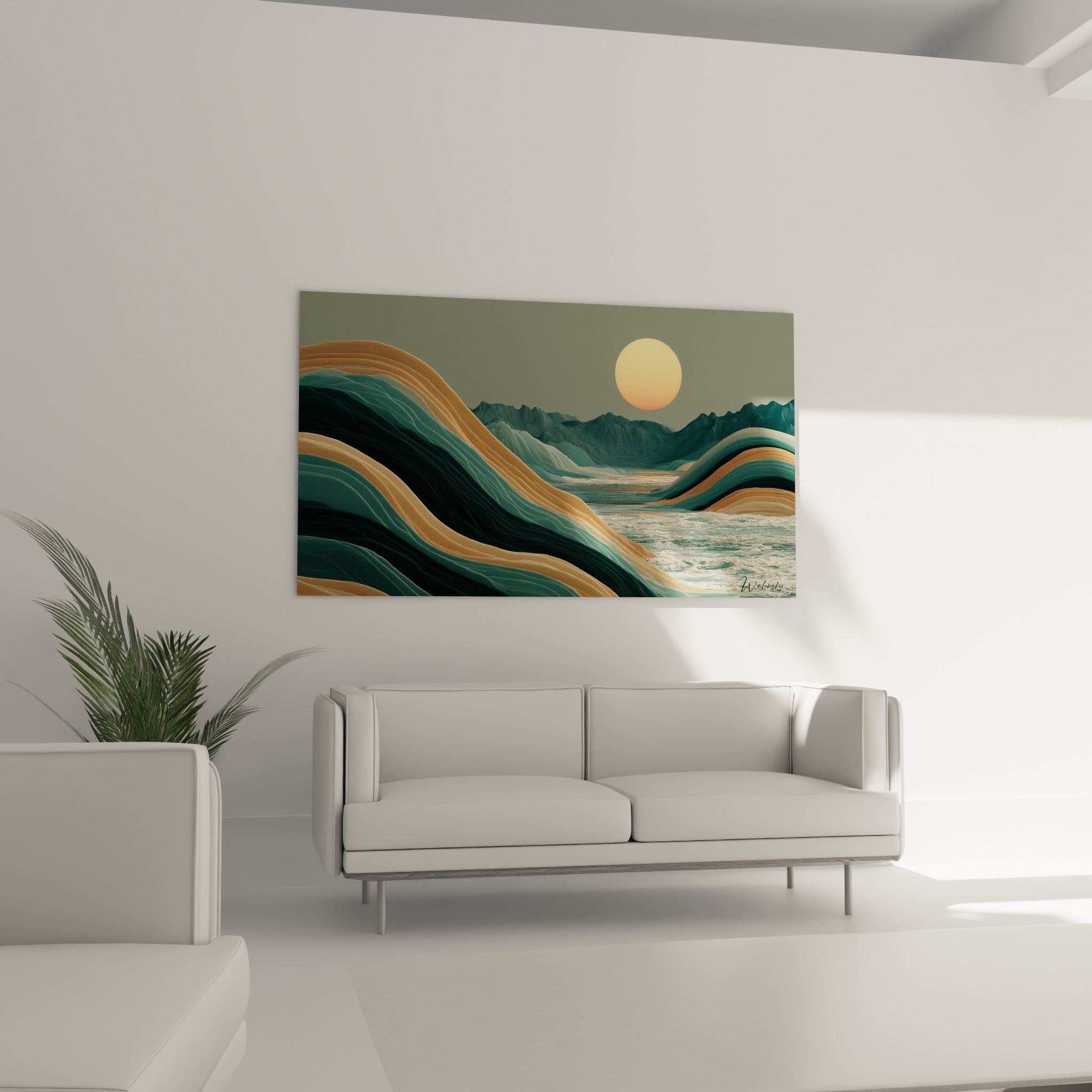 Reliefs abstraits ocre et vert anthracite baignés de lumière dorée, au-dessus d'un canapé dans un salon lumineux