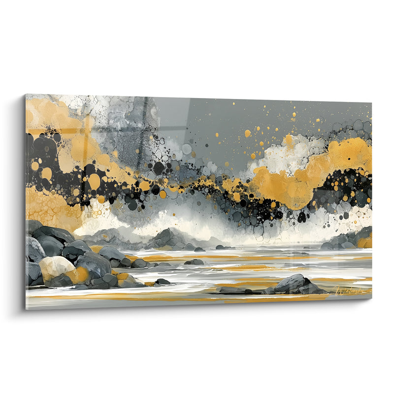 Tableau Rivage doré aux rochers anthracite - Écume suspendue - Edition Artistique abstrait