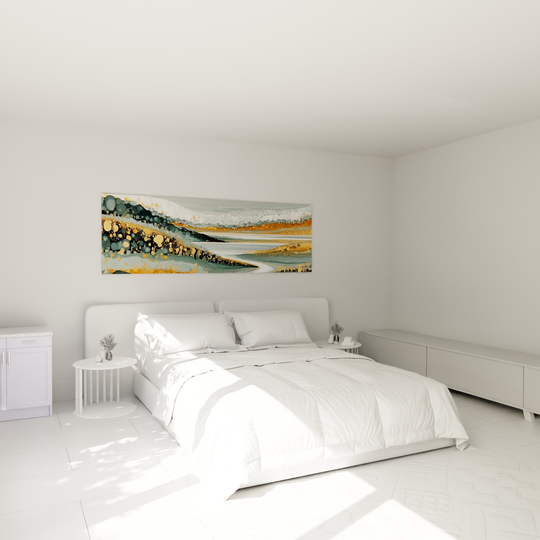 Paysage doré et vert sauge en dégradés organiques, accroché au-dessus d'un lit dans une chambre claire