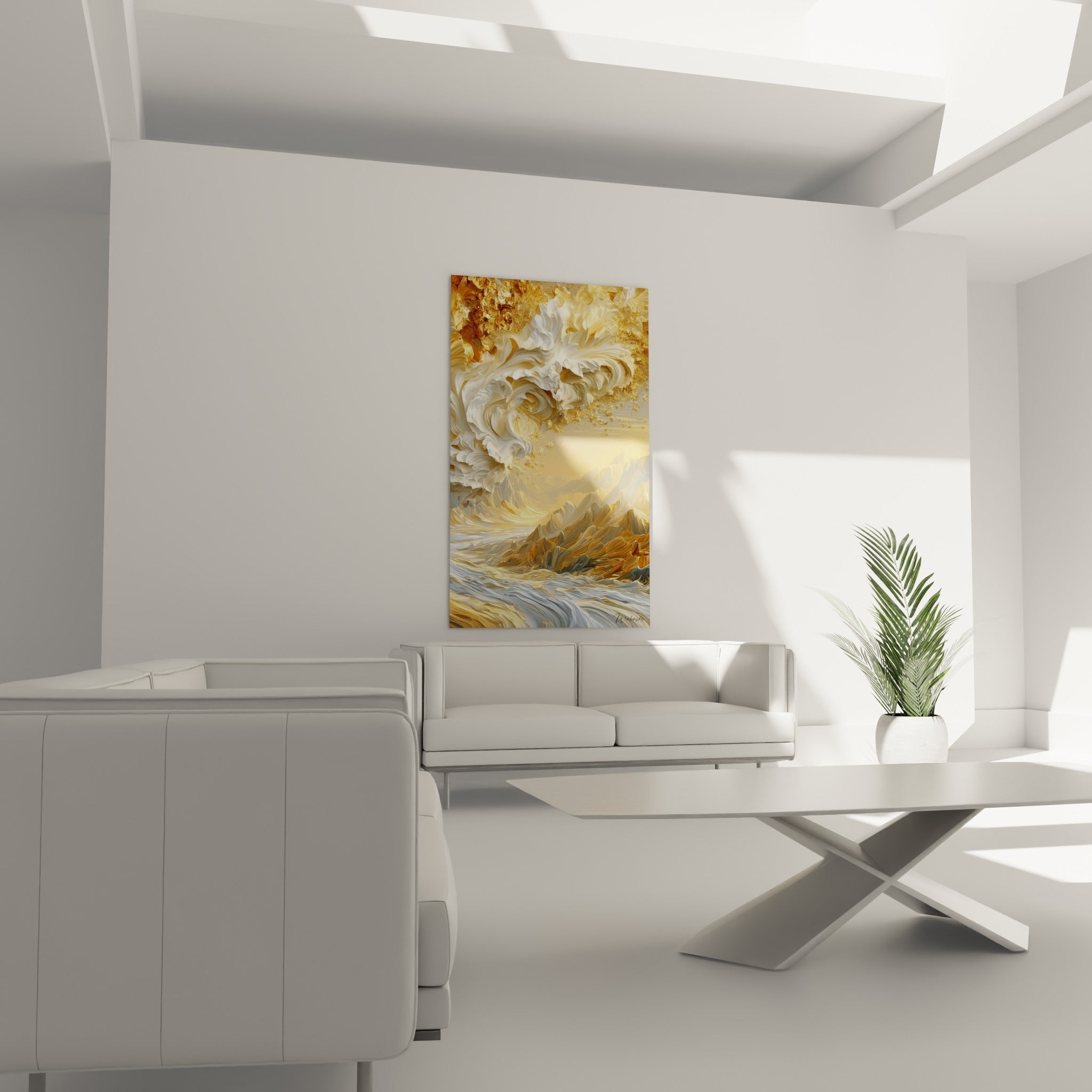 Rivière argentée et sommets ocre peints en relief, installés au-dessus d'un canapé dans un salon lumineux