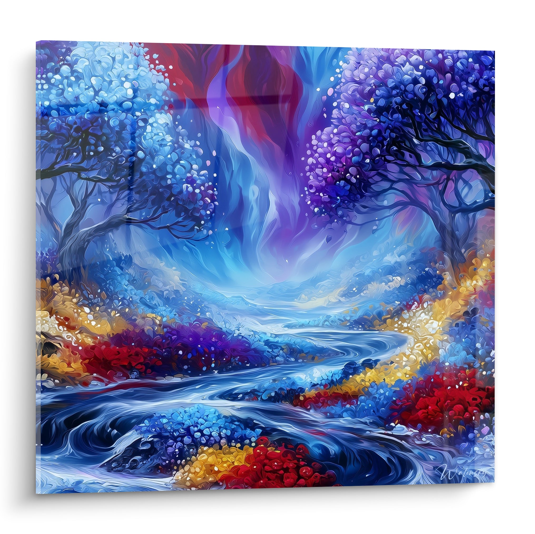 Rivière artistique abstrait bleu marine et violet serpentant entre arbres fleuris ocre et rouge