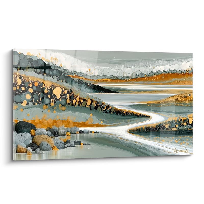 Tableau Rivière sinueuse aux reflets dorés et gris - Méandre doré - Edition Artistique abstrait