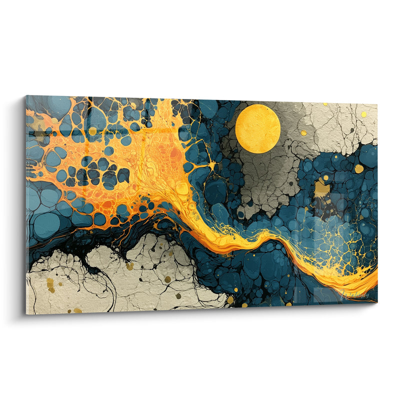 Tableau Rivière dorée aux cellules bleu pétrole - Éruption silencieuse - Edition Artistique abstrait