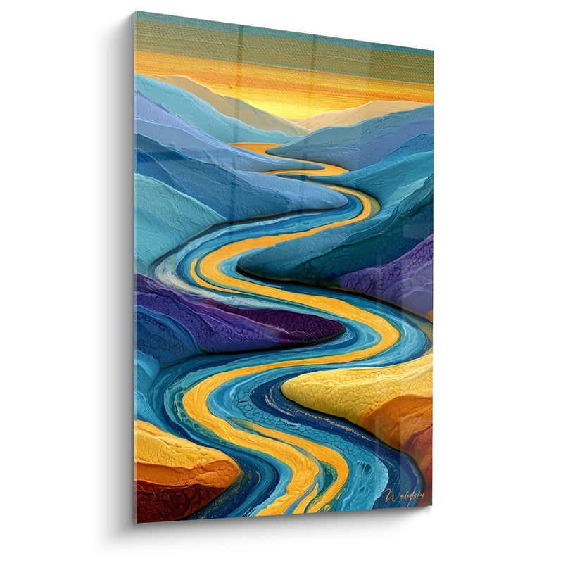 Tableau Rivière sinueuse bleu et or - Vallée en fusion - Edition Artistique abstrait