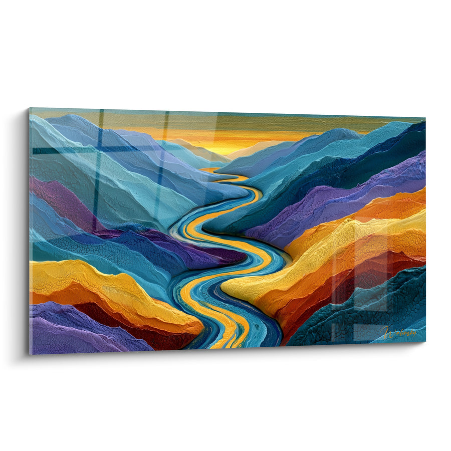 Flussgemälde gewundener Fluss zwischen blauen und orangefarbenen Bergen - Weg zum Horizont - Abstrakte Künstleredition