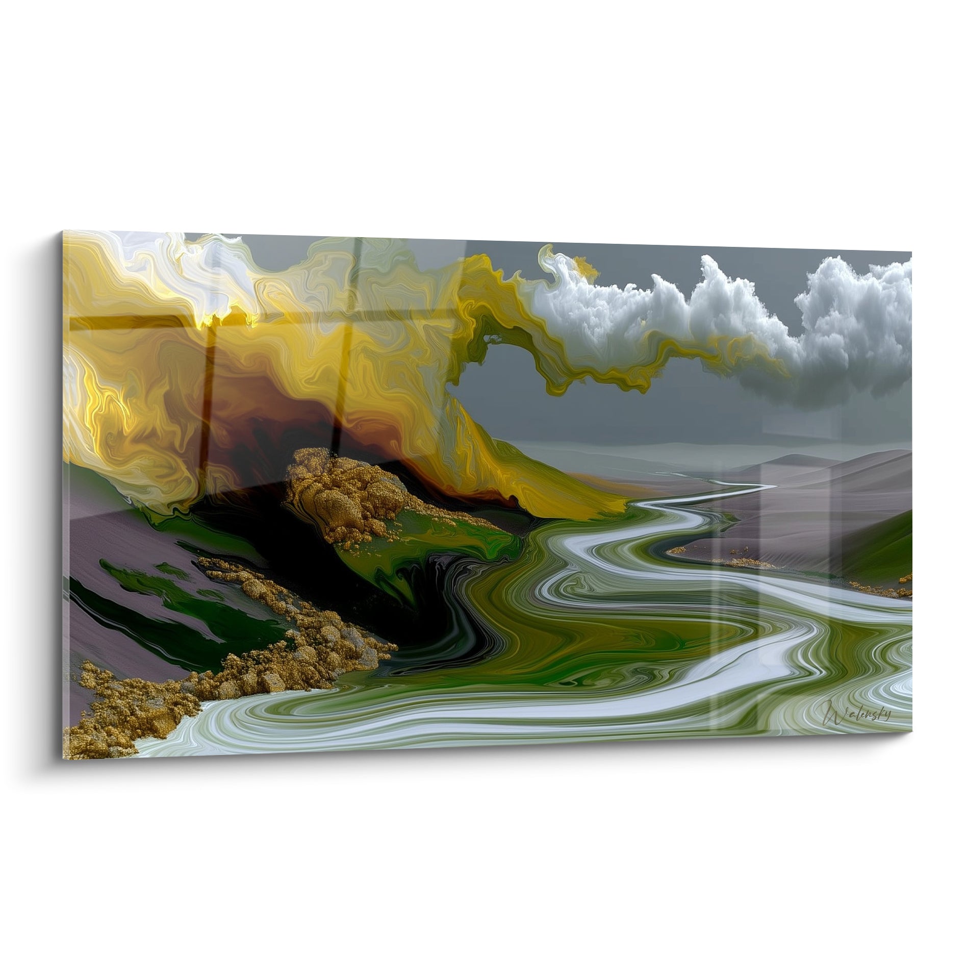 Rivière fluide dorée et verte serpentant sous un ciel gris orageux, tableau artistique abstrait