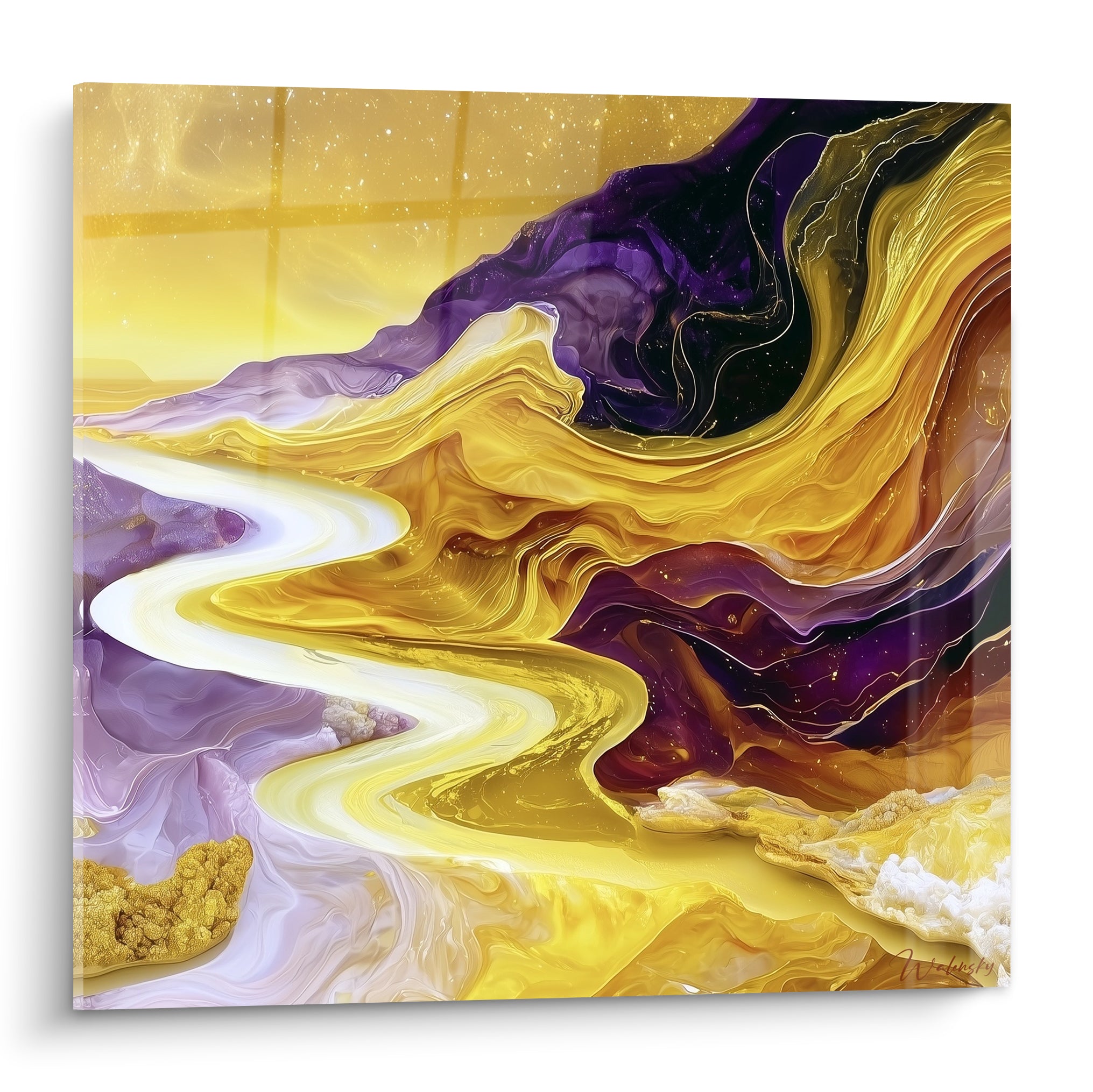 Rivière dorée sinueuse entre falaises violettes et pourpres, effet marbré scintillant sur toile abstraite
