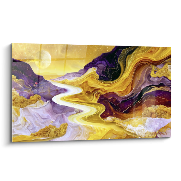 Cuadro Río dorado entre montañas violetas - Viaje celestial - Edición artística abstracta