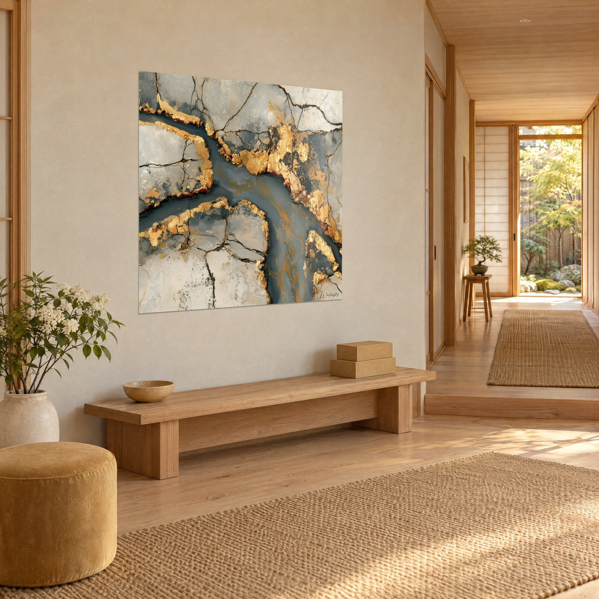 Tableau lit de rivière anthracite bordé d'éclats d'or sur dalles beige craquelé, vue de trois-quarts dans un couloir japandi