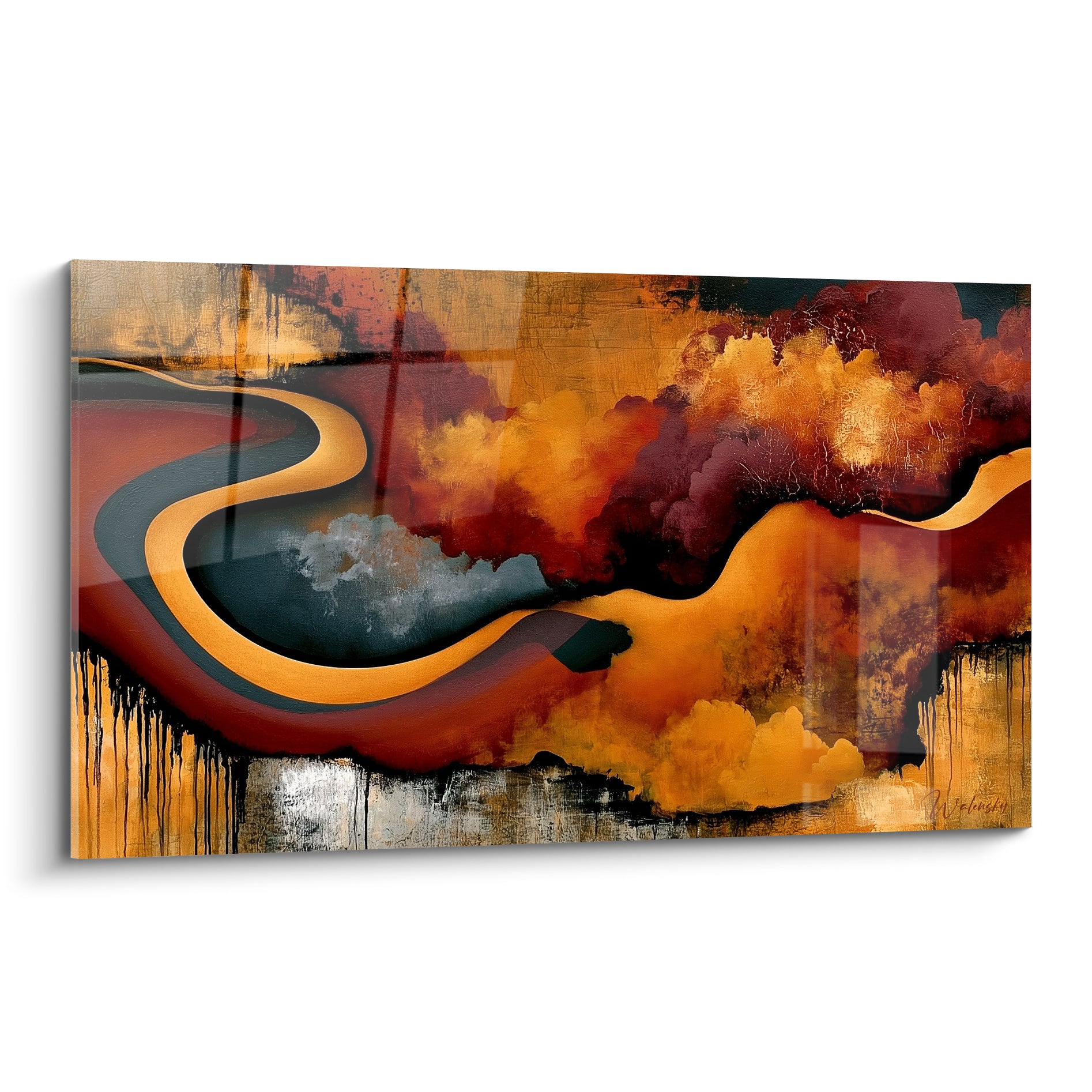 Rivière ocre et anthracite serpentant sur toile abstraite avec coulures bordeaux et fauve