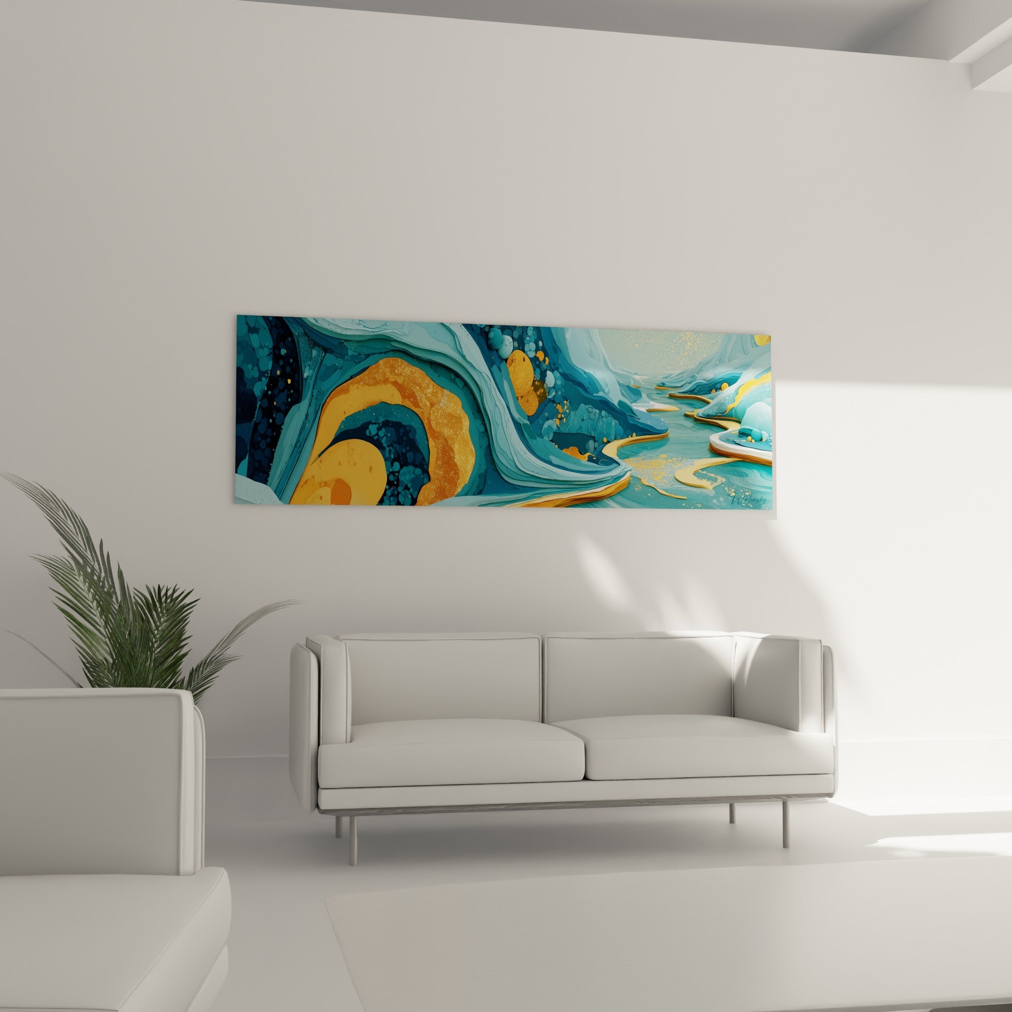 Rivière d'or serpentant entre des vagues bleu pétrole et turquoise, au-dessus d'un canapé dans un salon lumineux
