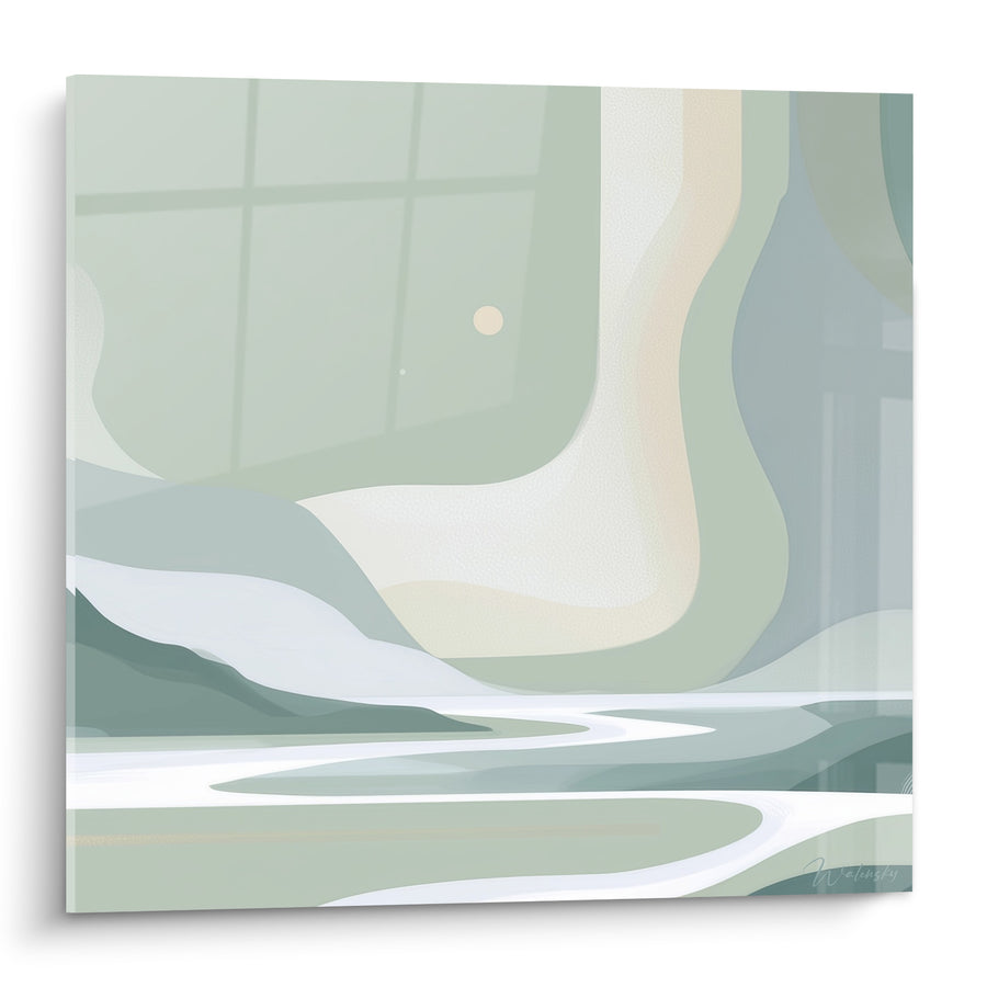 Gemälde Fließender Fluss Salbei Grün und Elfenbein - Stille der Mäander - Künstlerische Edition Abstrakt