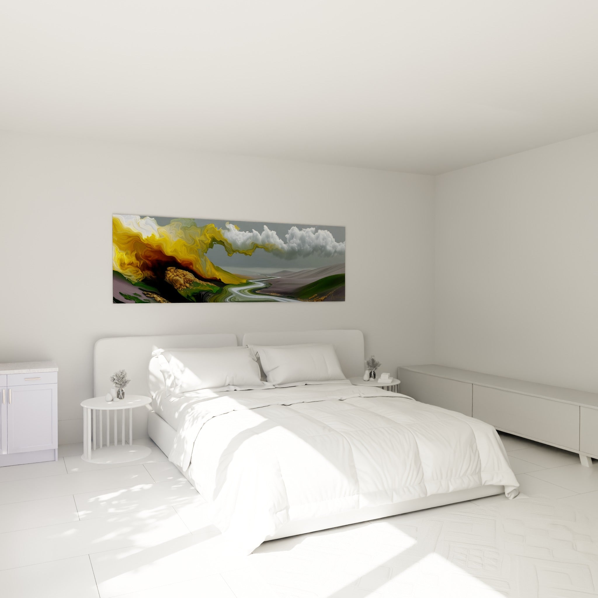 Rivière blanche et collines vert sauge sous un ciel doré et gris, accrochée au-dessus d'un lit dans une chambre claire