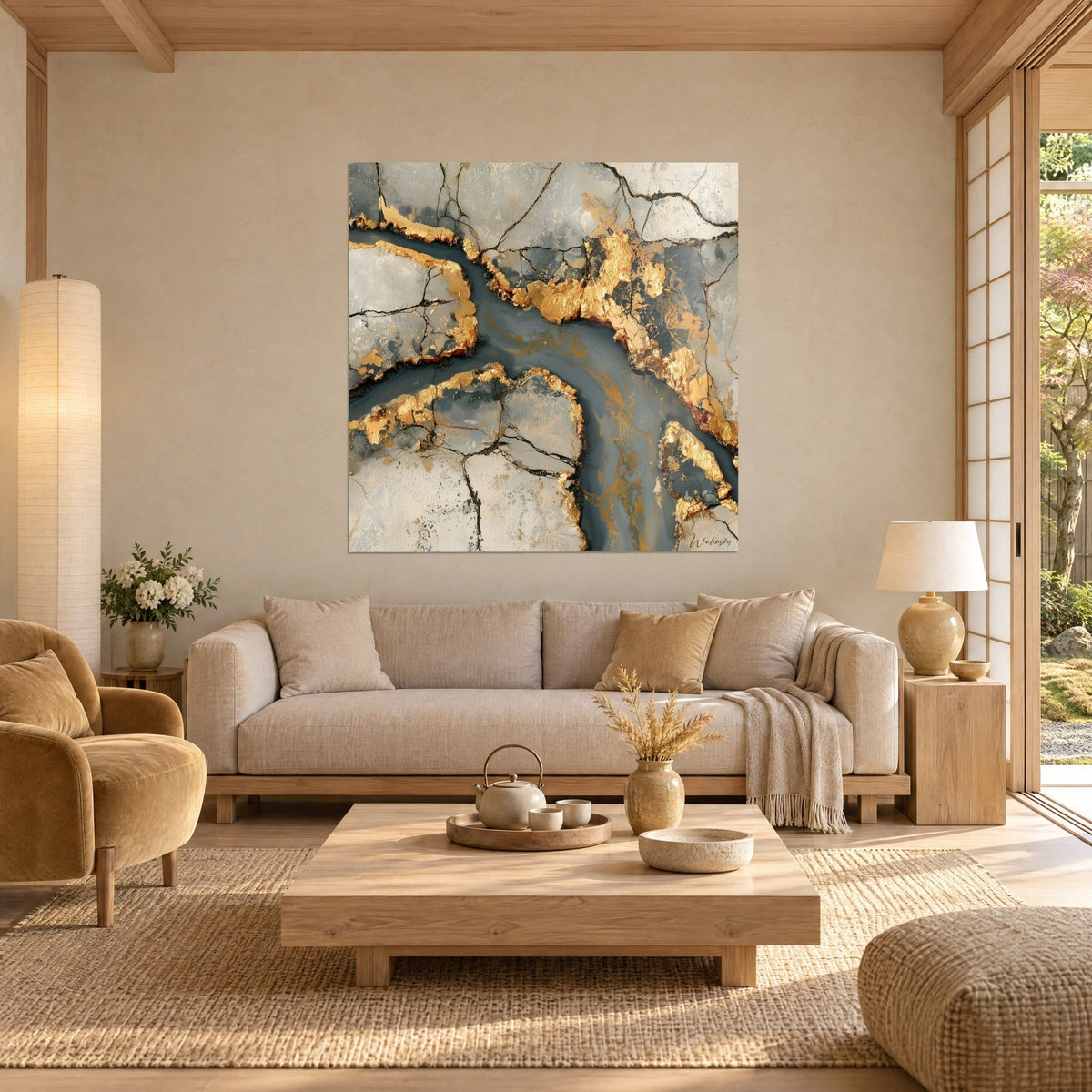 Tableau faille dorée zigzaguant entre dalles grises fissurées, feuille d'or et anthracite, au-dessus d'un canapé dans un salon lumineux