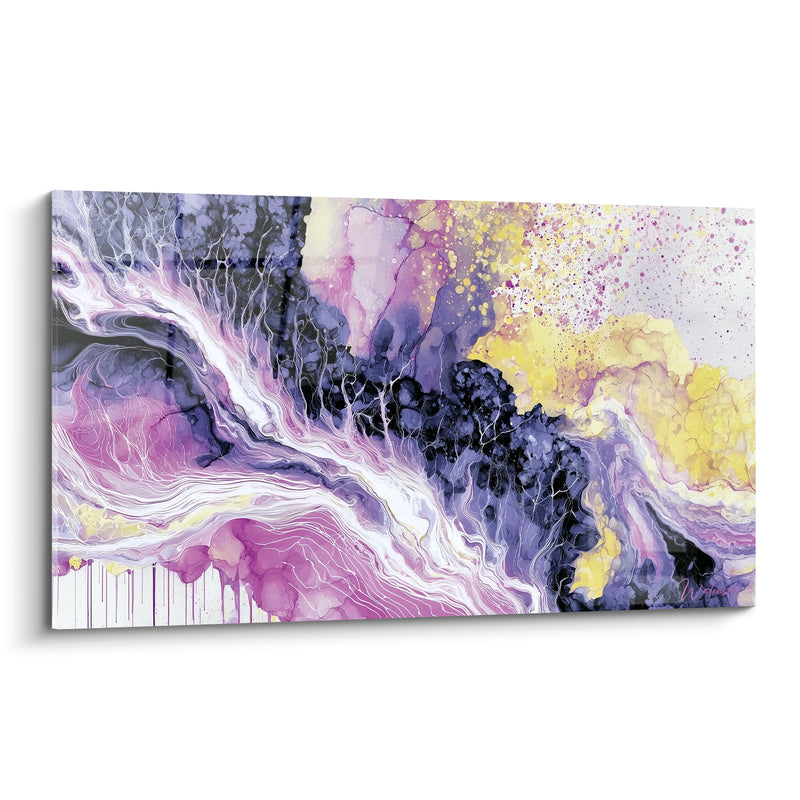 Tableau Rivière veinée rose et jaune sous coulures blanches - Éclaboussures dorées scintillantes - Edition Artistique abstrait