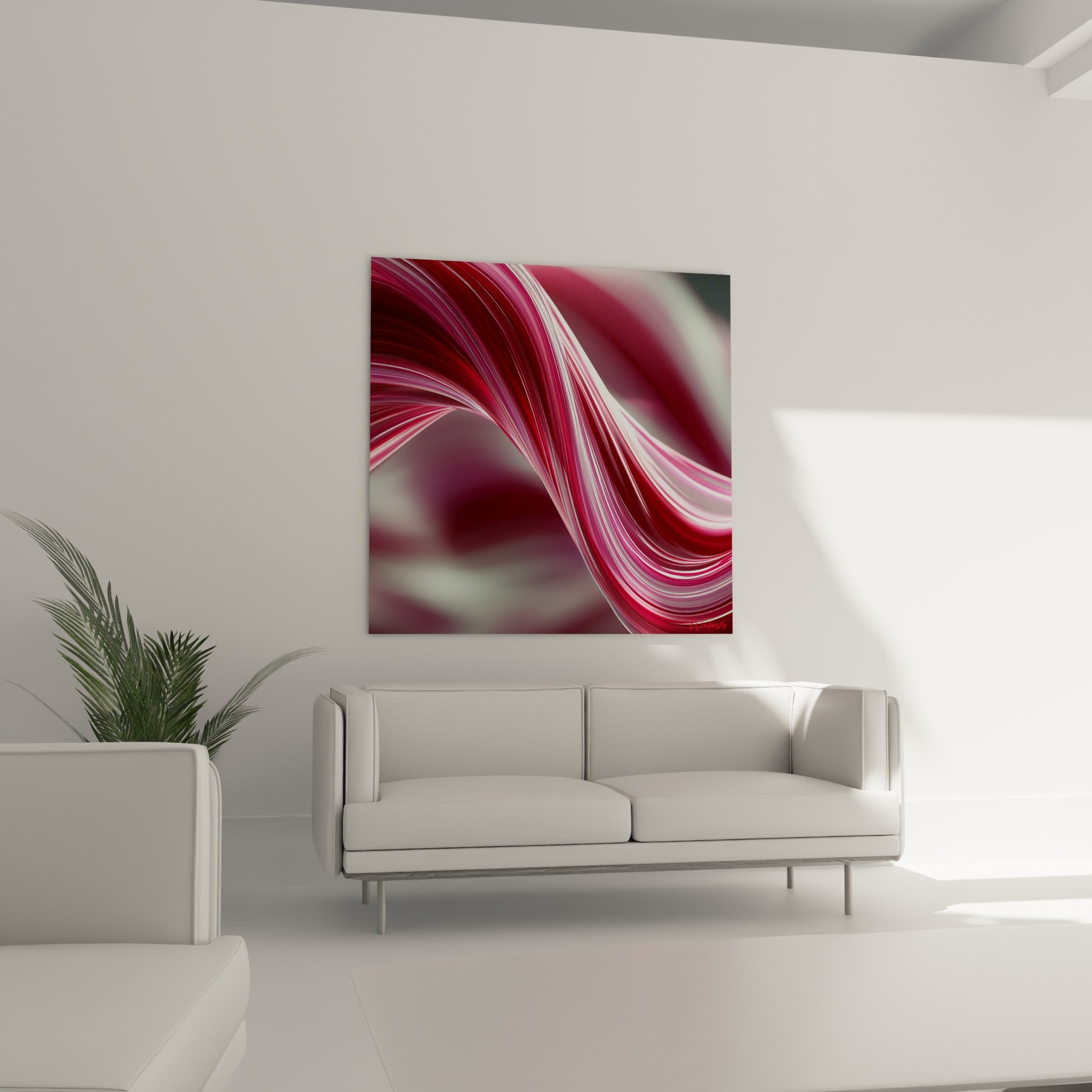 Ruban artistique abstrait blanc et bordeaux en mouvement au-dessus d'un canapé dans un salon lumineux