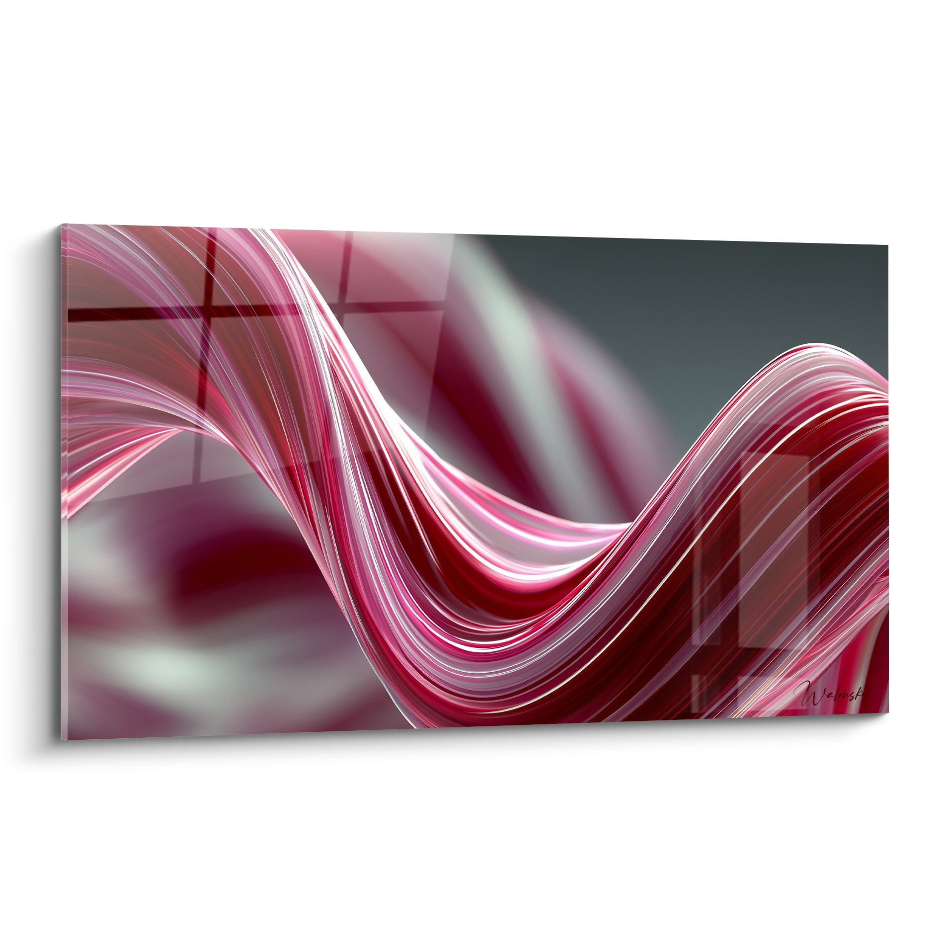 Ruban torsadé bordeaux et blanc ondulant sur fond gris anthracite, effet soyeux et lumineux