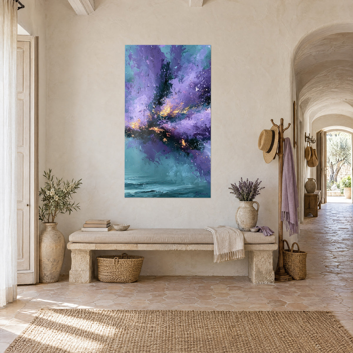 Wall art Lilac and black explosion streaked with gold on a blue-green background, three-quarter view, stone bench and vaulted corridor