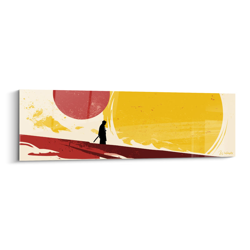 Tableau Silhouette rouge et jaune sous deux disques solaires - Épée au fourreau - Edition Artistique abstrait