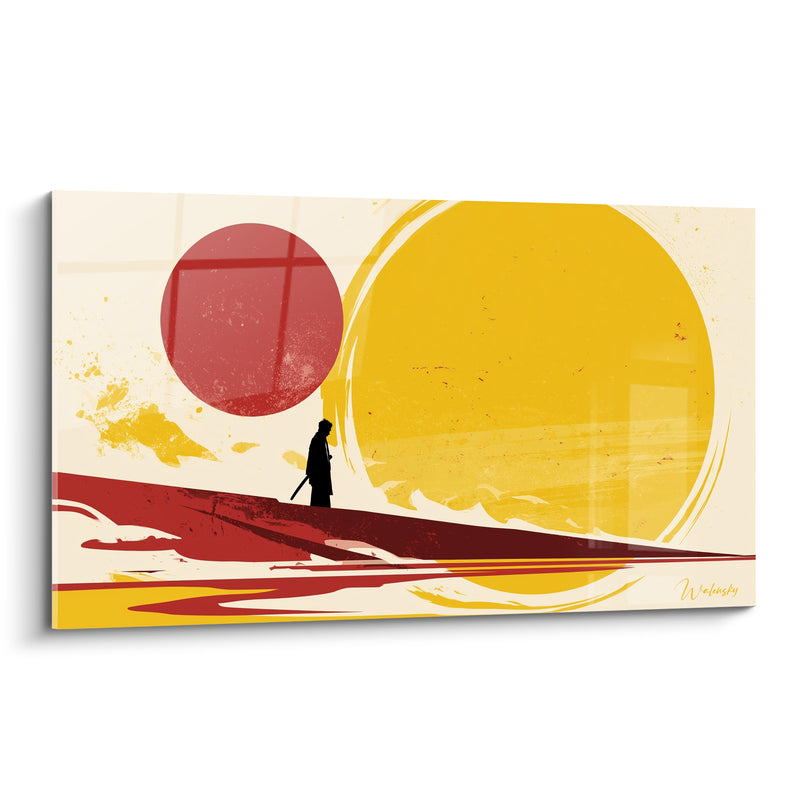 Tableau Samouraï silhouette rouge et jaune deux disques solaires - Katana au fourreau - Edition Artistique abstrait
