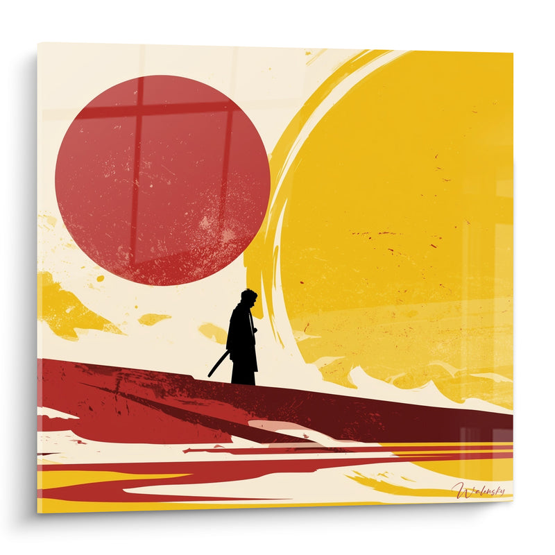 Tableau Samouraï silhouette rouge et jaune - Marche du guerrier - Edition Artistique abstrait