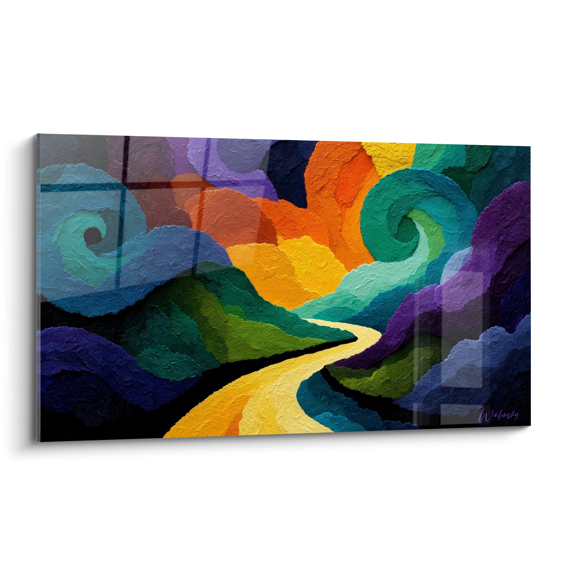 Tableau artistique abstrait au sentier doré, spirales turquoise et masses violettes en pleine composition