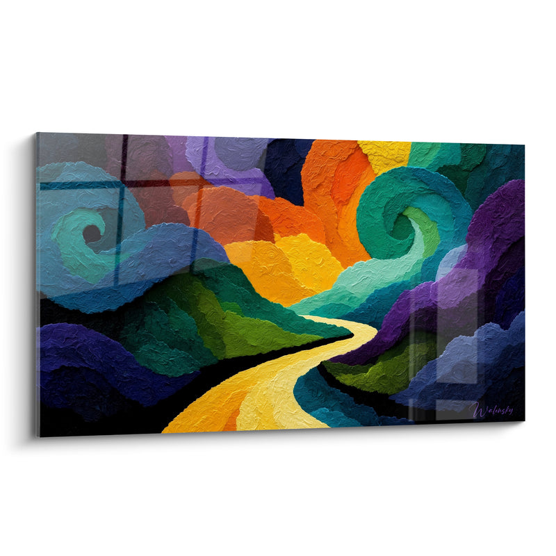 Tableau Sentier doré aux spirales turquoise et violettes - Chemin vers la lumière - Edition Artistique abstrait