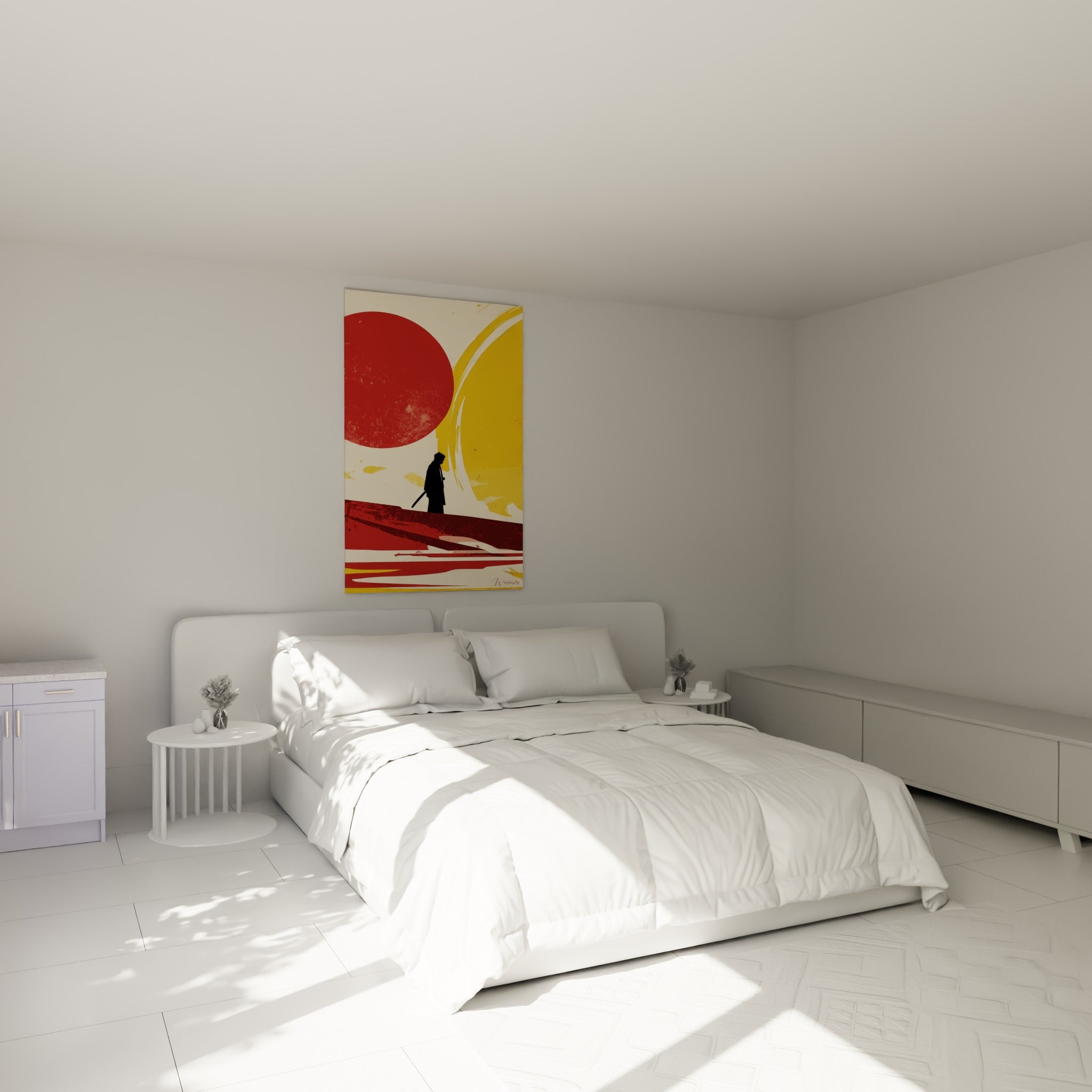 Guerrier solitaire au soleil rouge et jaune, accroché au-dessus d'un lit dans une chambre claire
