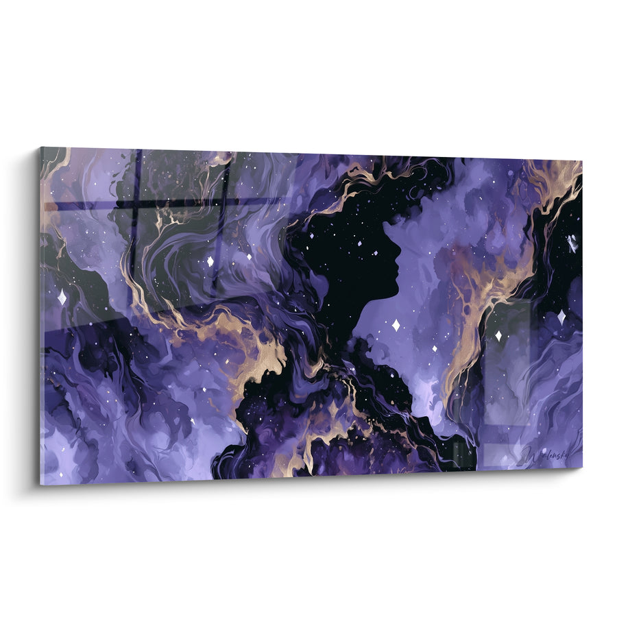 Leinwand Silhouette weiblich violett und golden sternbesetzt - Himmelsräusperie - Künstlerische Edition abstrakt