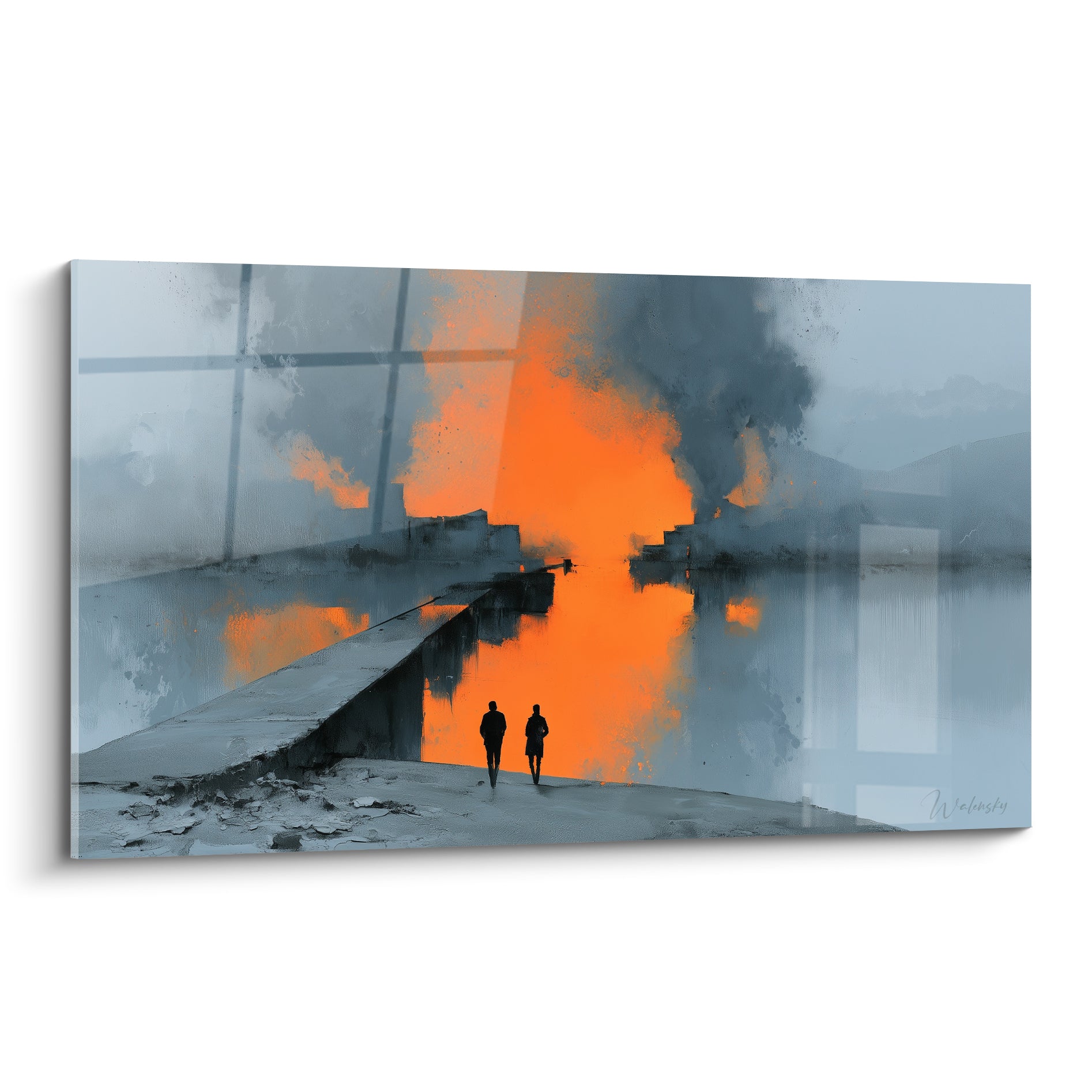 Silhouettes noires marchant vers un embrasement orange sur fond bleu gris et anthracite intense