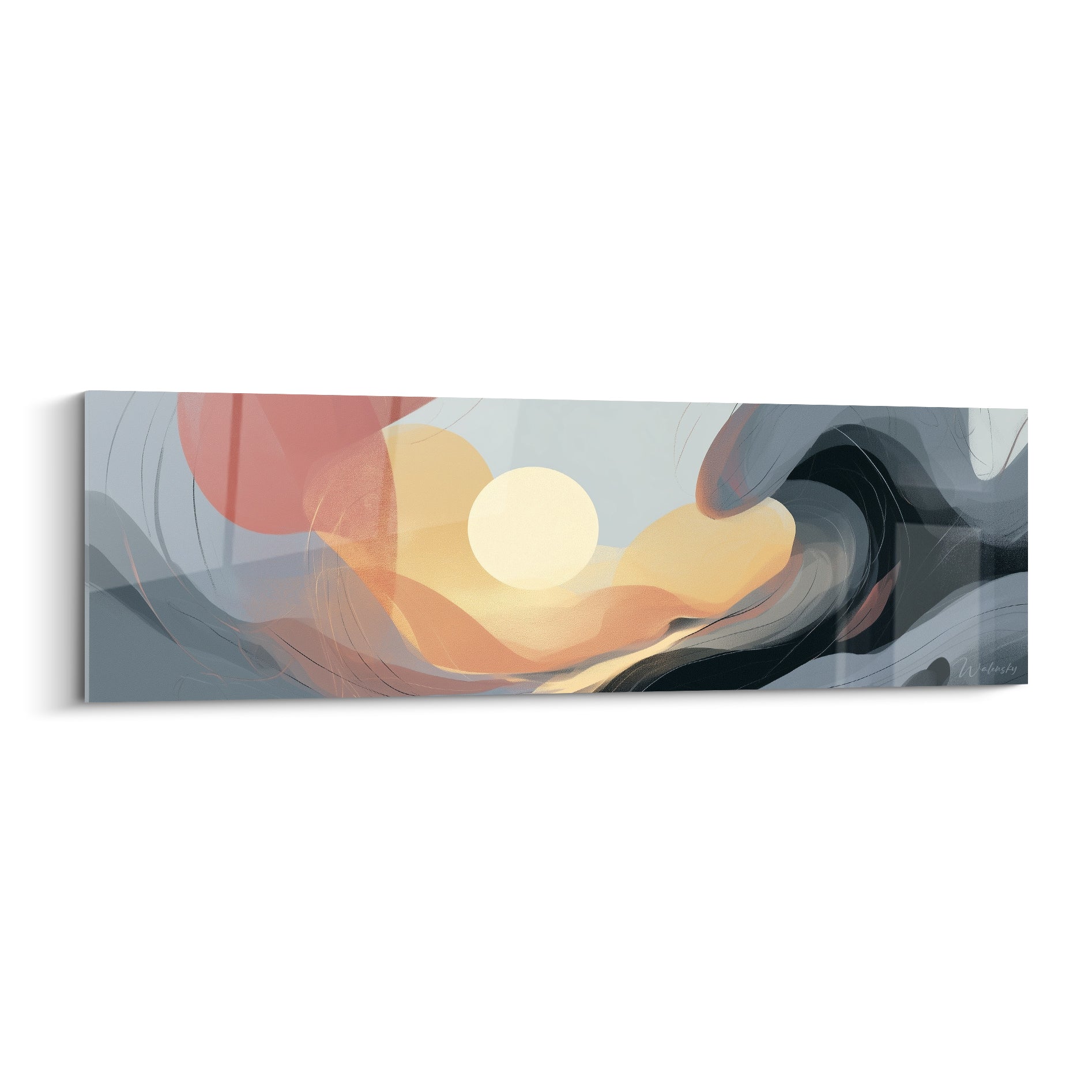 Disque doré lumineux entouré de vagues anthracite et roses, style artistique abstrait fluide