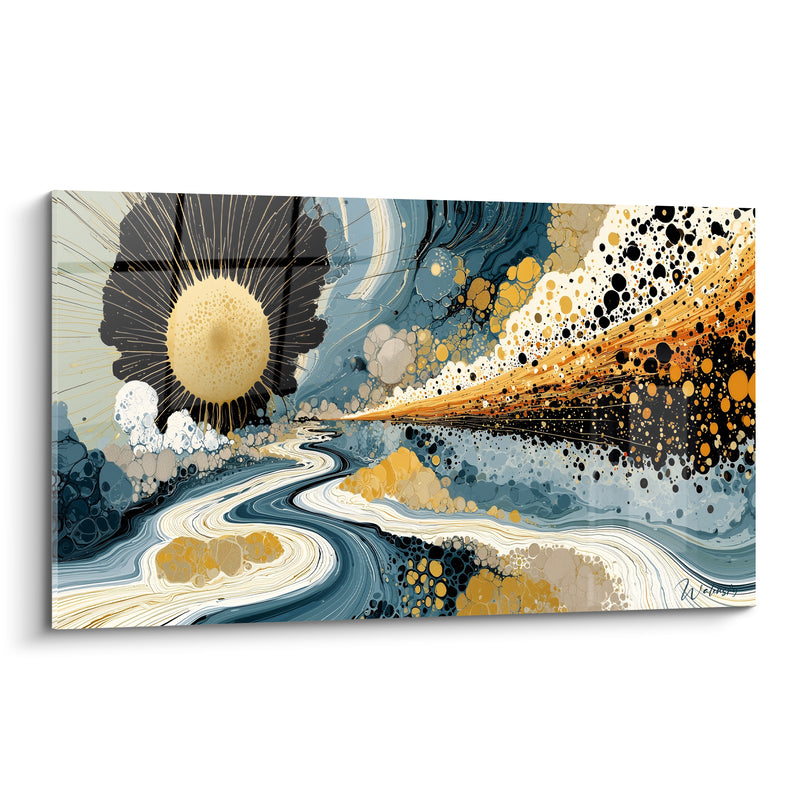 Tableau Soleil doré sur rivière tourbillonnante - Attraction céleste - Edition Artistique abstrait