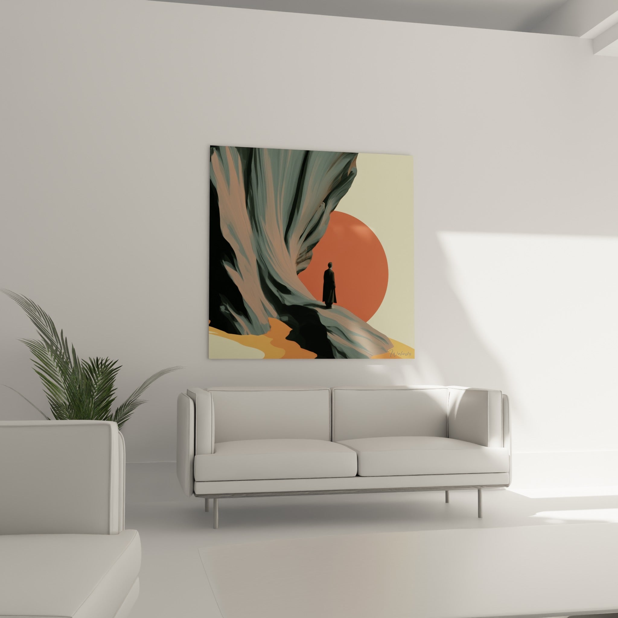 Figure sombre contemplant un disque orangé entre falaises anthracite, au-dessus d'un canapé dans un salon lumineux
