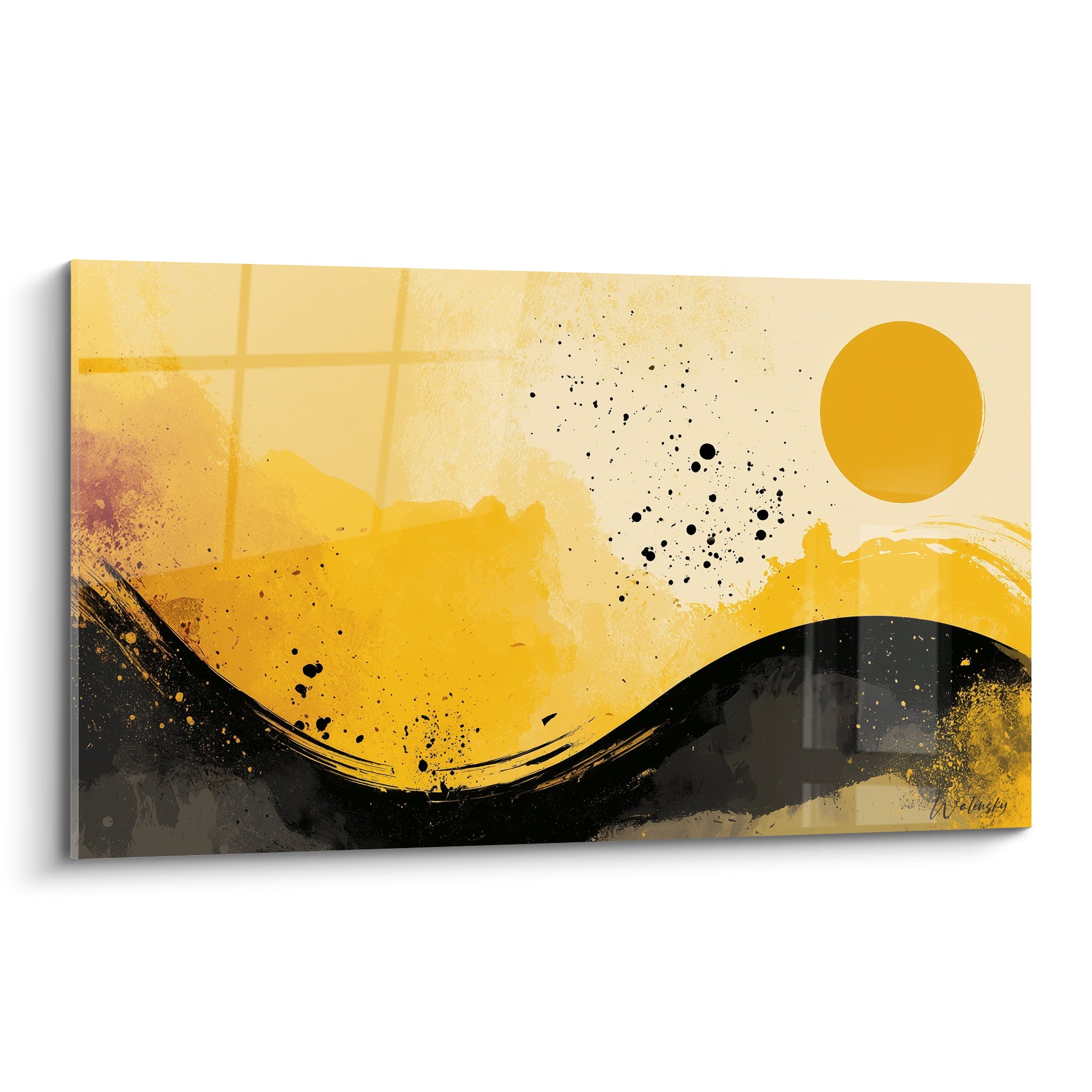 Cercle solaire ocre et vague noire éclaboussée, composition abstraite jaune et noir intense