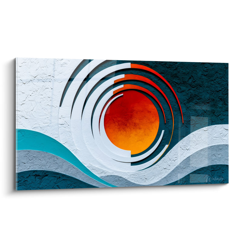 Tableau Cercles orangés et vagues bleu pétrole - Aube sur la houle - Edition Artistique abstrait