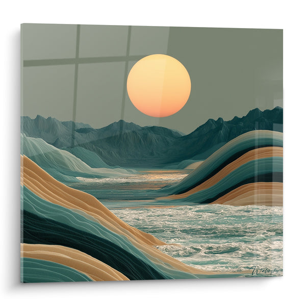 Tableau Vagues sculptées et soleil pastel - Souffle du crépuscule - Edition Artistique abstrait