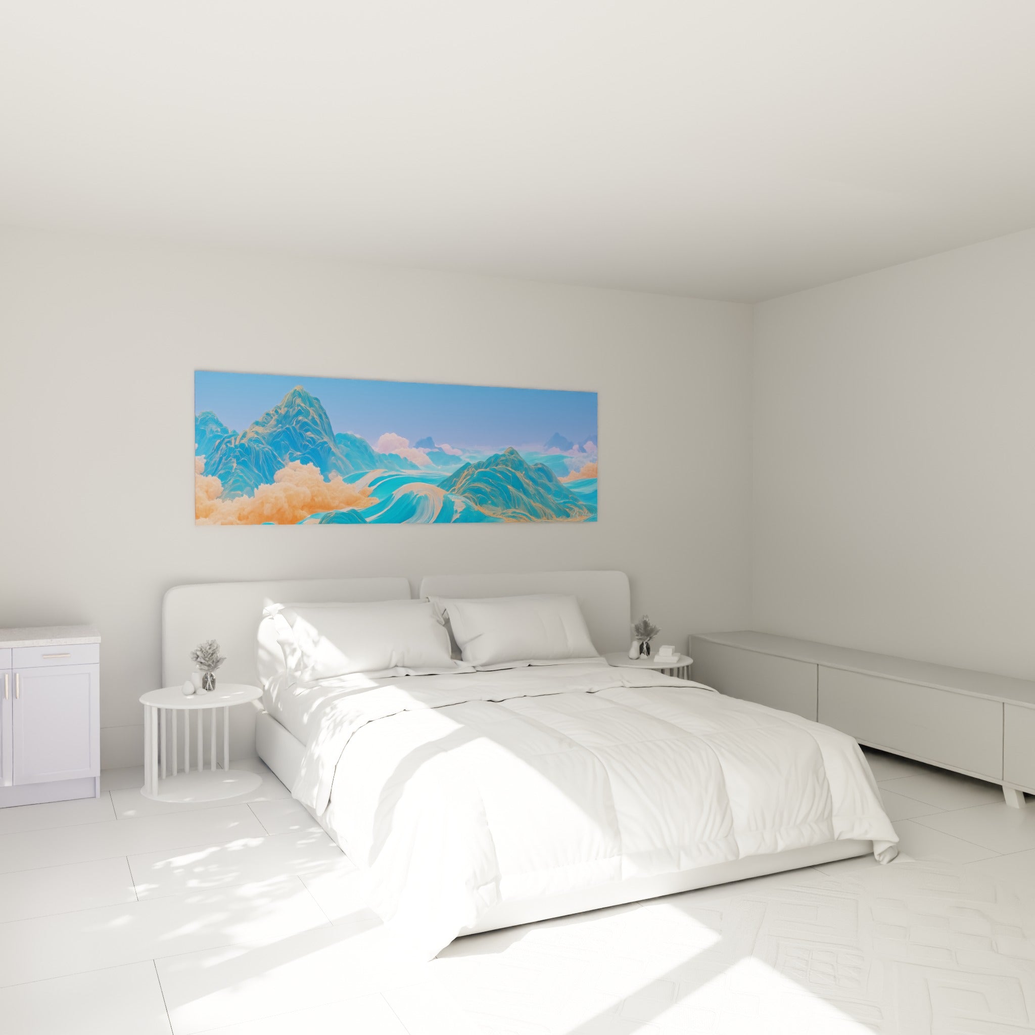 Sommets bleu marine et vagues pêche peints avec finesse, accrochés au-dessus d'un lit dans une chambre claire