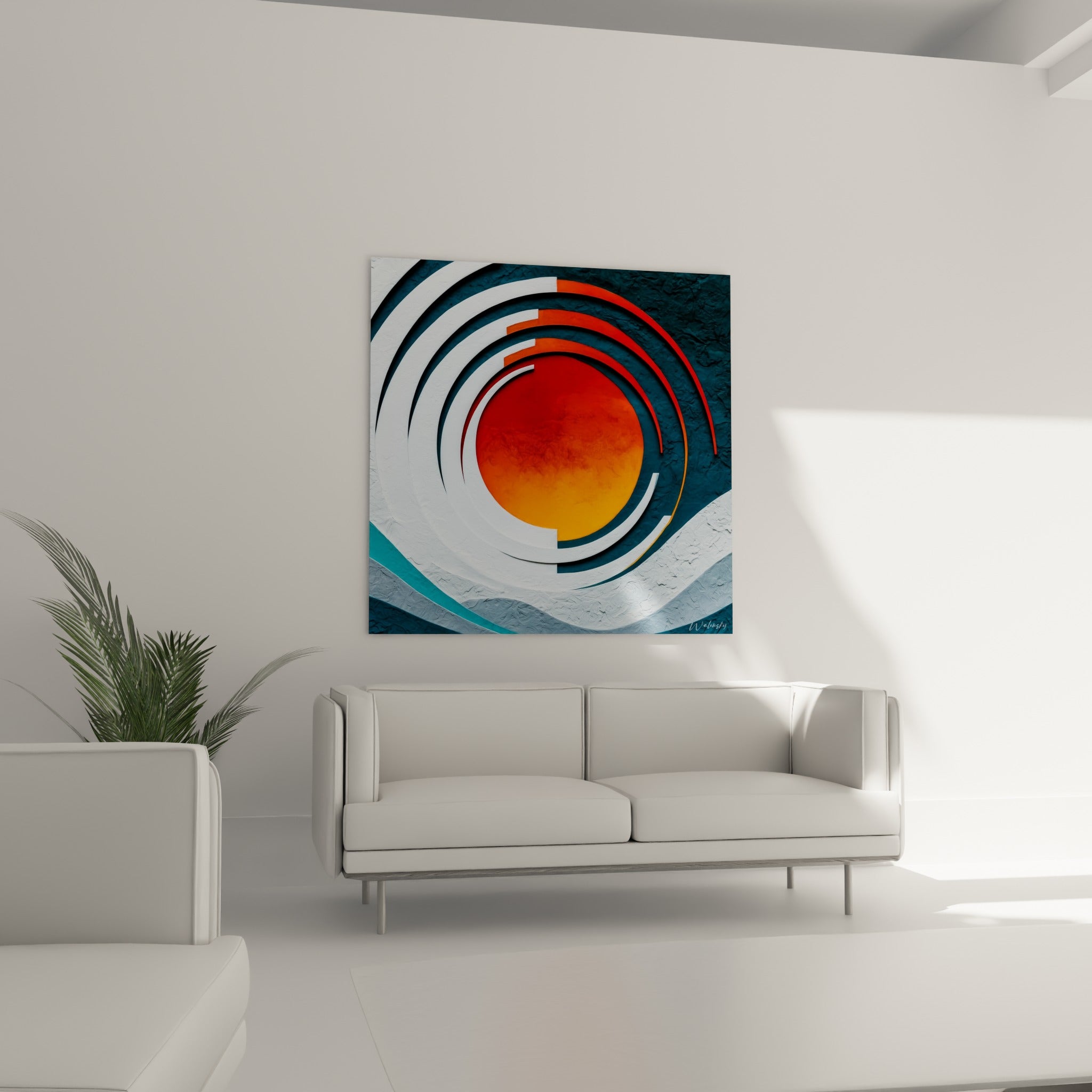 Spirale blanche encerclant un noyau orange vif au-dessus d'un canapé dans un salon lumineux