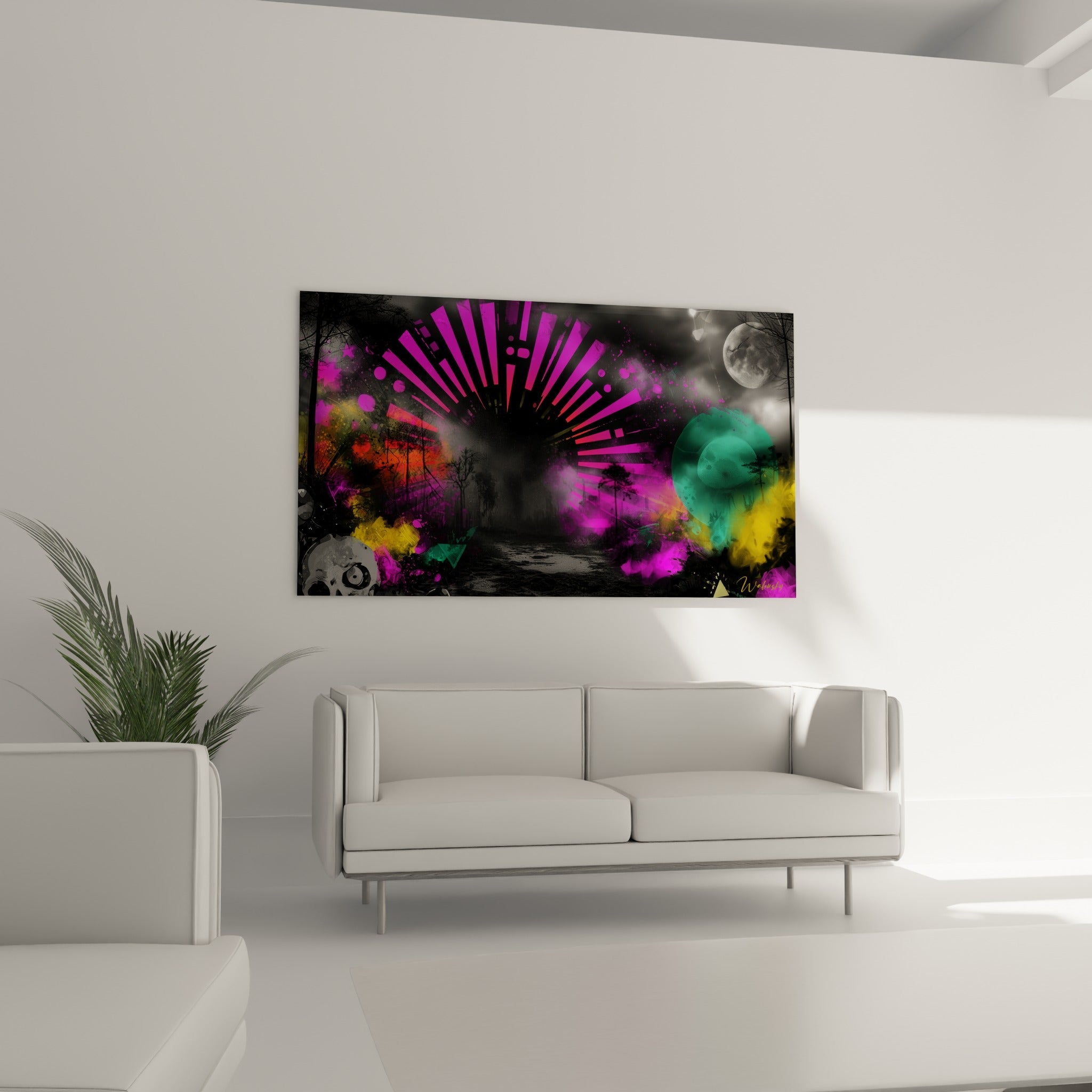 Éclats roses et dorés d'une forêt sombre surplombant un canapé dans un salon lumineux