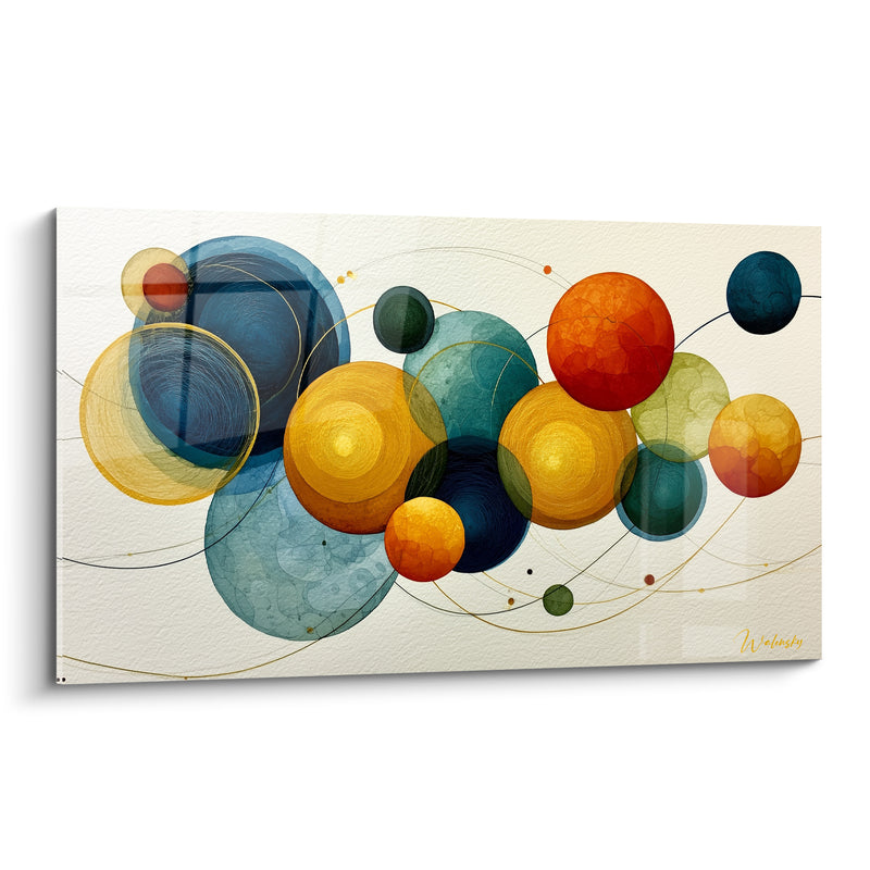 Tableau Sphères bleu et orange sur fond ivoire - Orbites entrelacées dorées - Edition Artistique abstrait