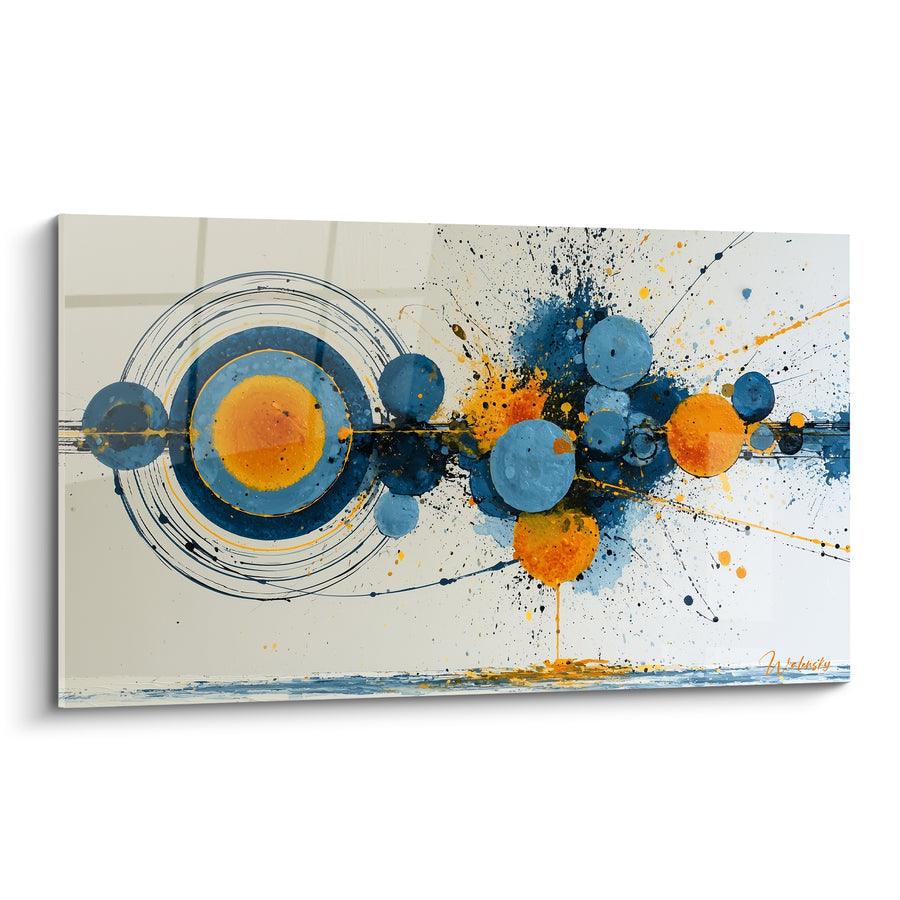 Gemälde Konzentrische Kreise blau und orange mit Tintenklecksen - Sphärenkonstellation - Künstlerische Edition abstrakt