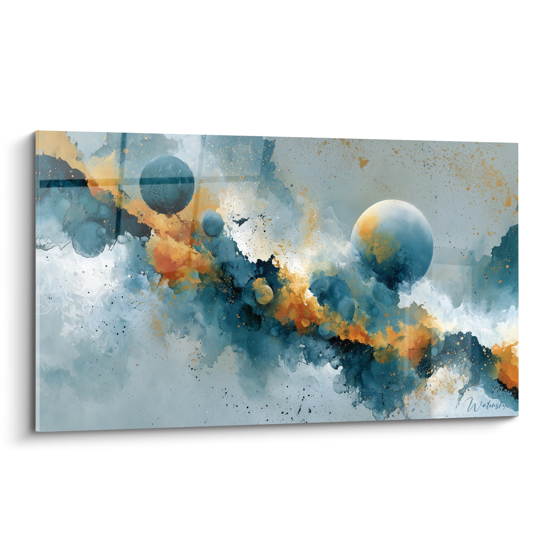 Sphères bleu pétrole et ocre flottant sur fond nuageux, tableau Artistique abstrait aux textures fluides