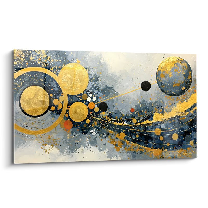 Tableau Sphères dorées et bleu marine cosmiques - Ballet céleste - Edition Artistique abstrait