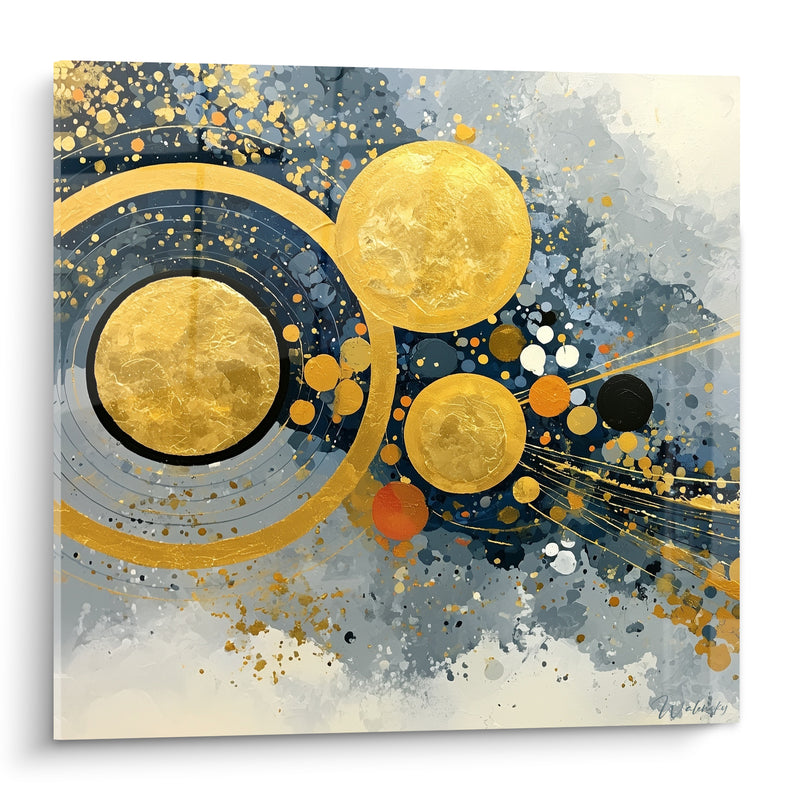 Tableau Sphères dorées et cercles bleu marine - Ballet cosmique - Edition Artistique abstrait