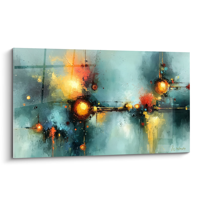 Tableau Sphères dorées sur fond bleu sarcelle - Naissance cosmique - Edition Artistique abstrait