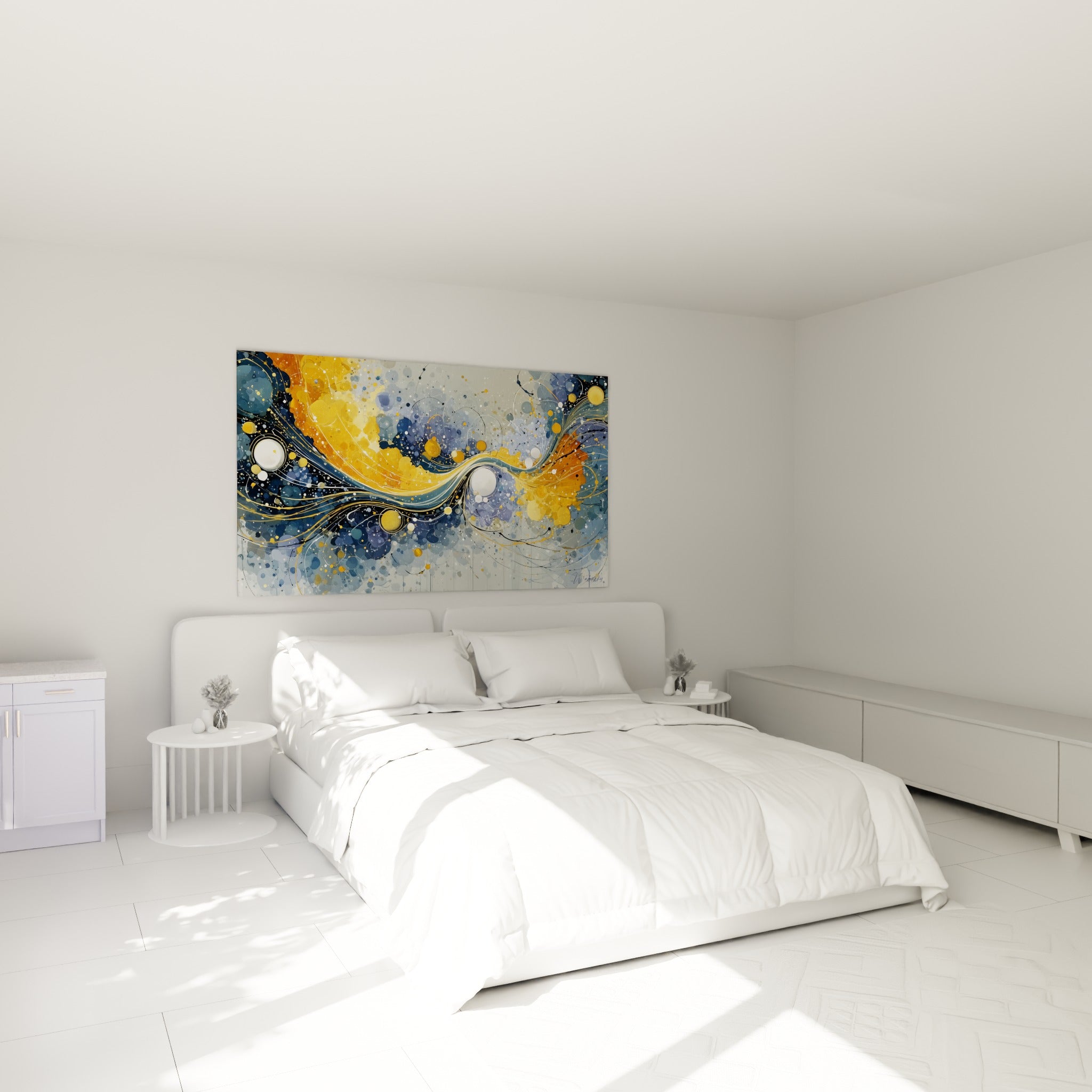 Sphères dorées et bleu marine flottant sur ce tableau artistique abstrait, au-dessus d'un lit dans une chambre claire