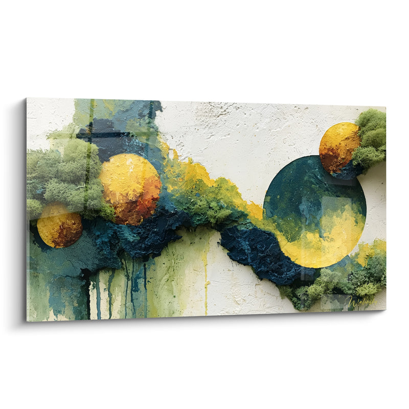 Tableau Sphères dorées et bleu pétrole moussues - Éveil minéral - Edition Artistique abstrait