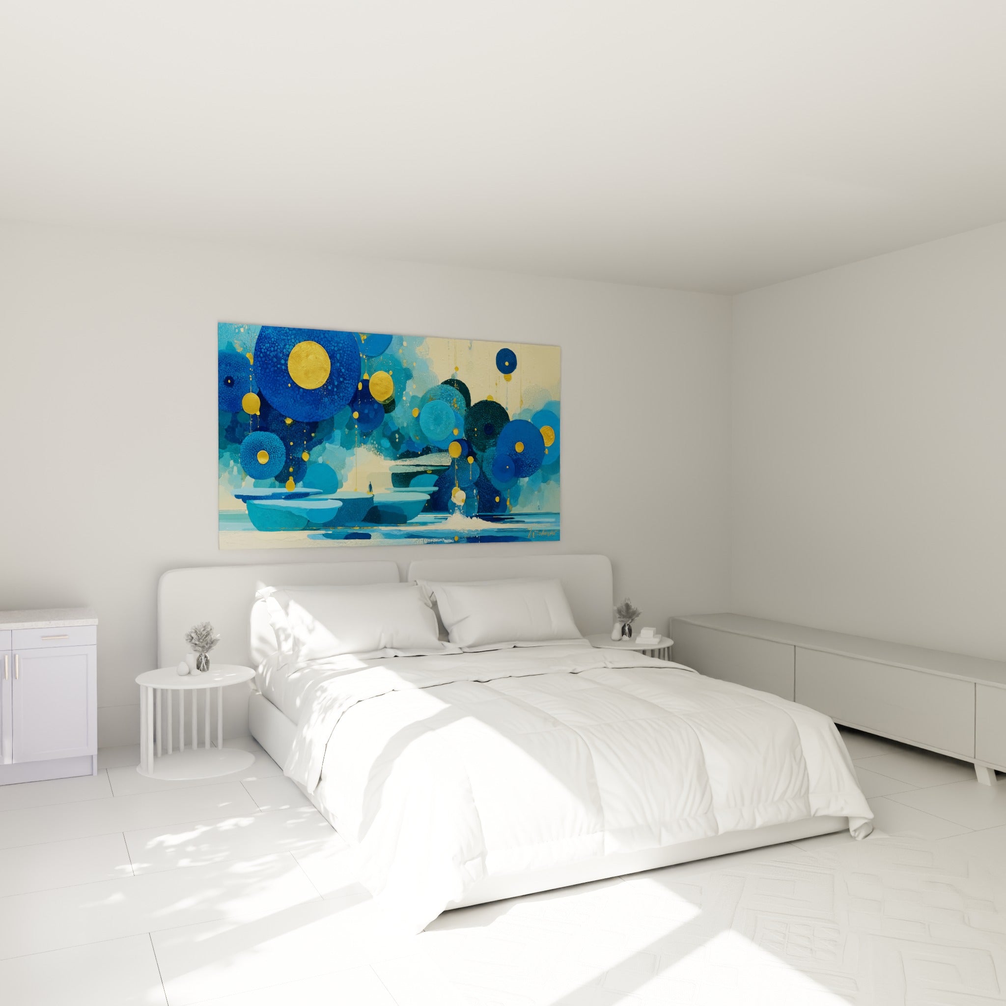 Sphères dorées et bleu turquoise animent ce tableau Artistique abstrait au-dessus d'un lit dans une chambre claire